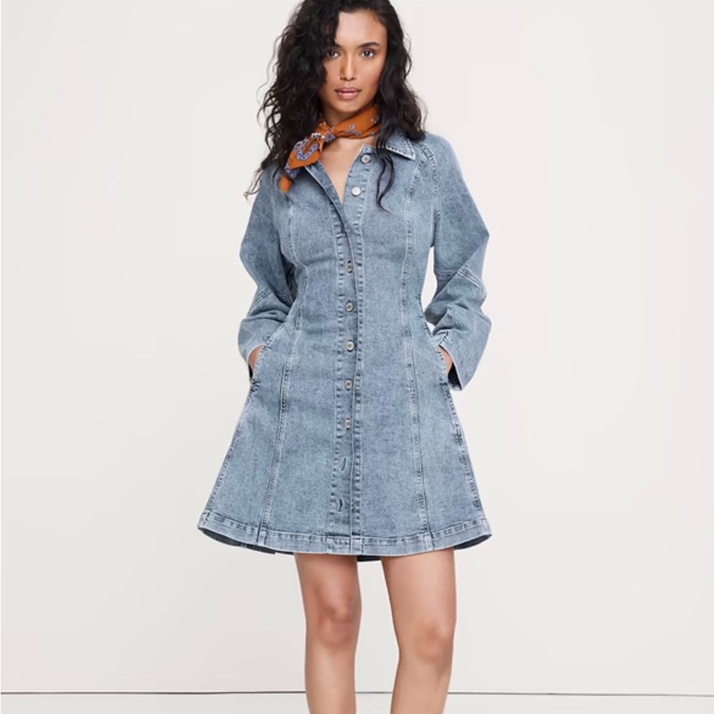 Denim Button-Front A-Line Dress - Light Blue
